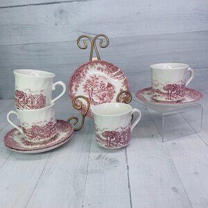 Churchill THE BROOK PINK  England  Pink House Floral Flat Cup & Saucers Set of 4
